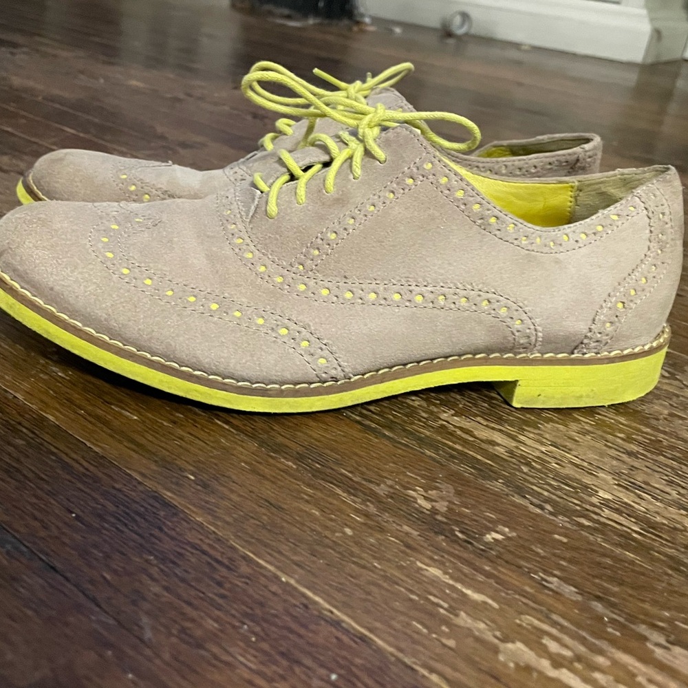 Coke Haan lime green and taupe/ grey Oxford loafers